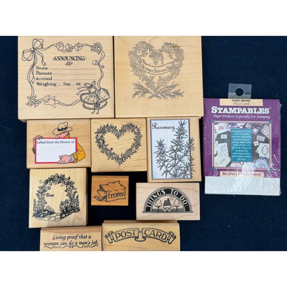 Vintage Rubber Stamp Lot Wedding Floral Baby Library 10pc Note PlaceCards